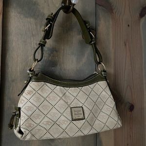 Vintage Dooney & Bourke Monogrammed Shoulder Bag; Purse; Tan w Olive Green Trim